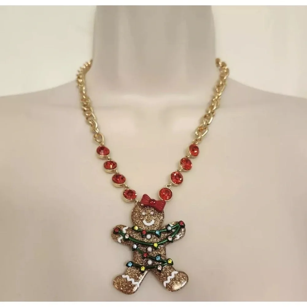 BETSEY JOHNSON SET Christmas Gingerbread in Lights Earrings Necklace Brooch NWT - Picture 6 of 16